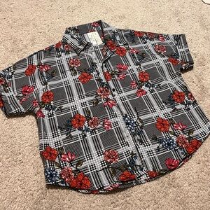 Floral and Plaid Houndstooth Print Button Front Top